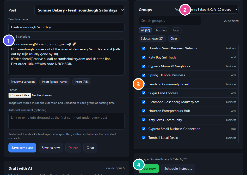 The Compose screen: a post with variations, the Page it posts as, the groups ticked, and the Post now button