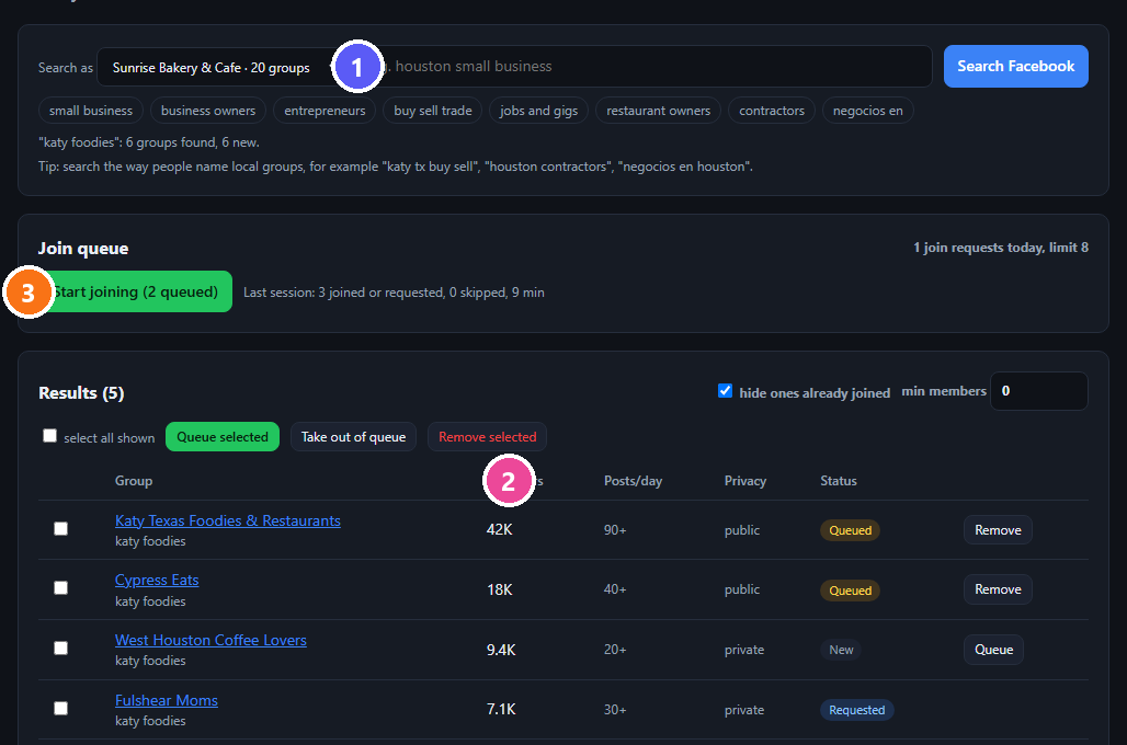 Find groups screen with a search box, a join queue and results showing members and posts per day